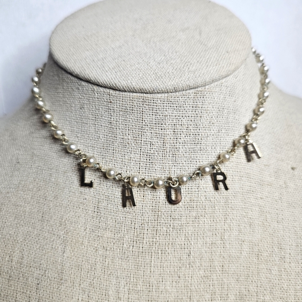 Vintage Pearl Choker Necklace with Name LAURA ♥️